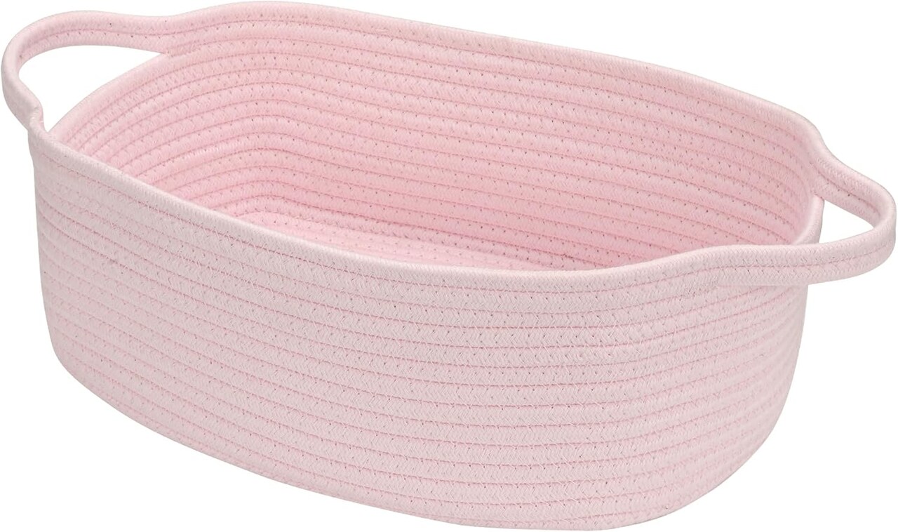 Small Woven Cotton Rope Basket Cute Baby Gift Baskets Empty Decorative Storage Basket for Organizing Shelves Closet Baby Nursery Basket Bin Toy Storage Basket Organizer 13.7"x10.2"x5" Pink